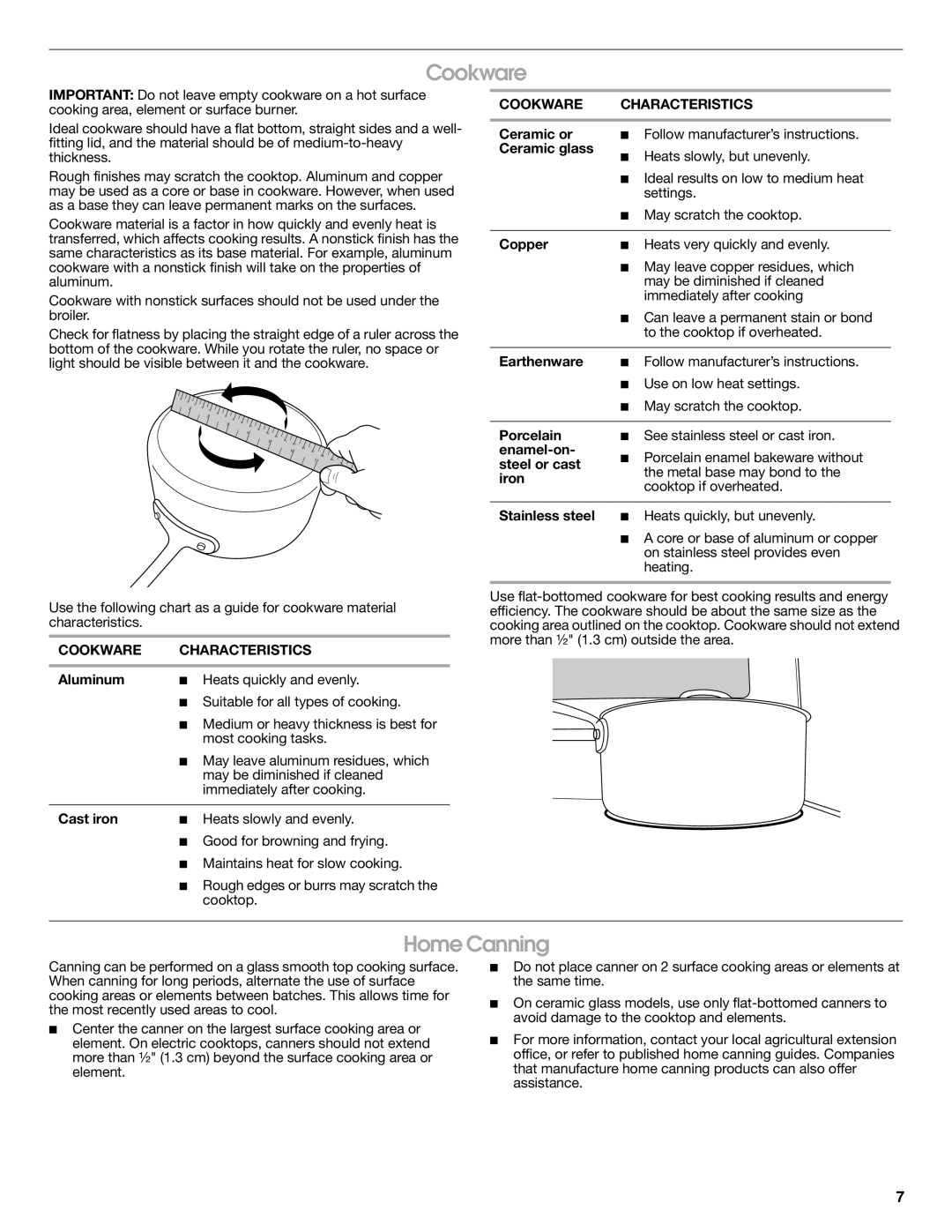 Whirlpool W10545225B warranty Home Canning, Cookware Characteristics 