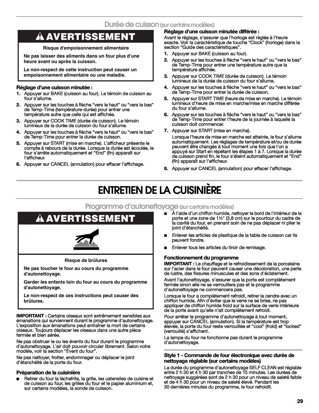 Whirlpool W10545225B warranty Entretien De La Cuisinière, Programme d’autonettoyagesur certains modèles, Avertissement 