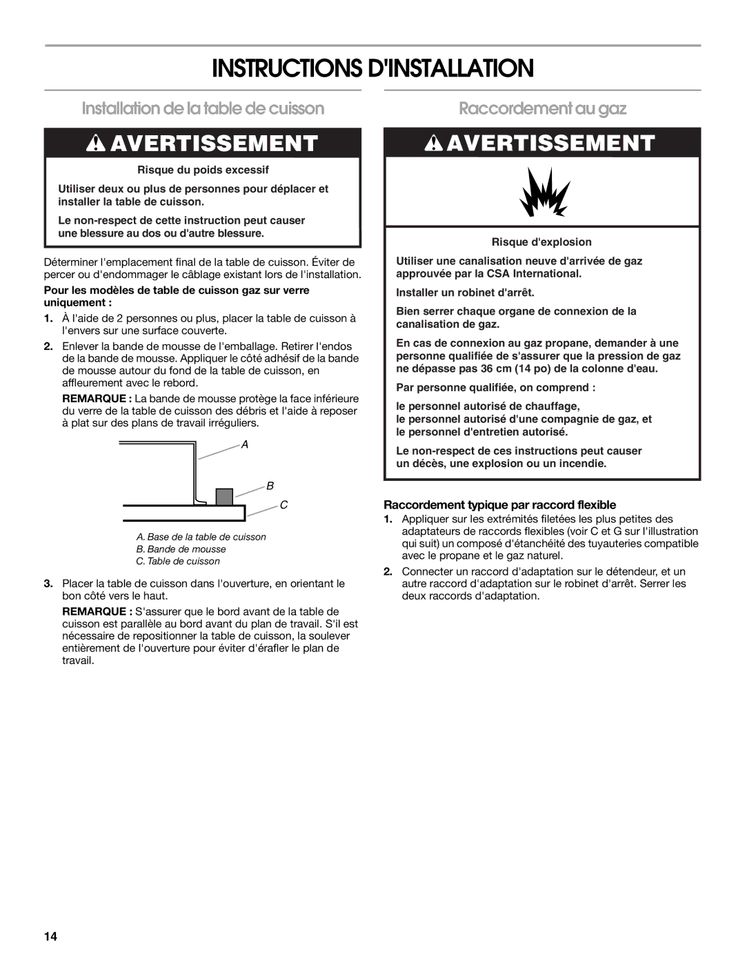 Whirlpool W10545672A Instructions Dinstallation, Installation de la table de cuisson, Raccordement au gaz 