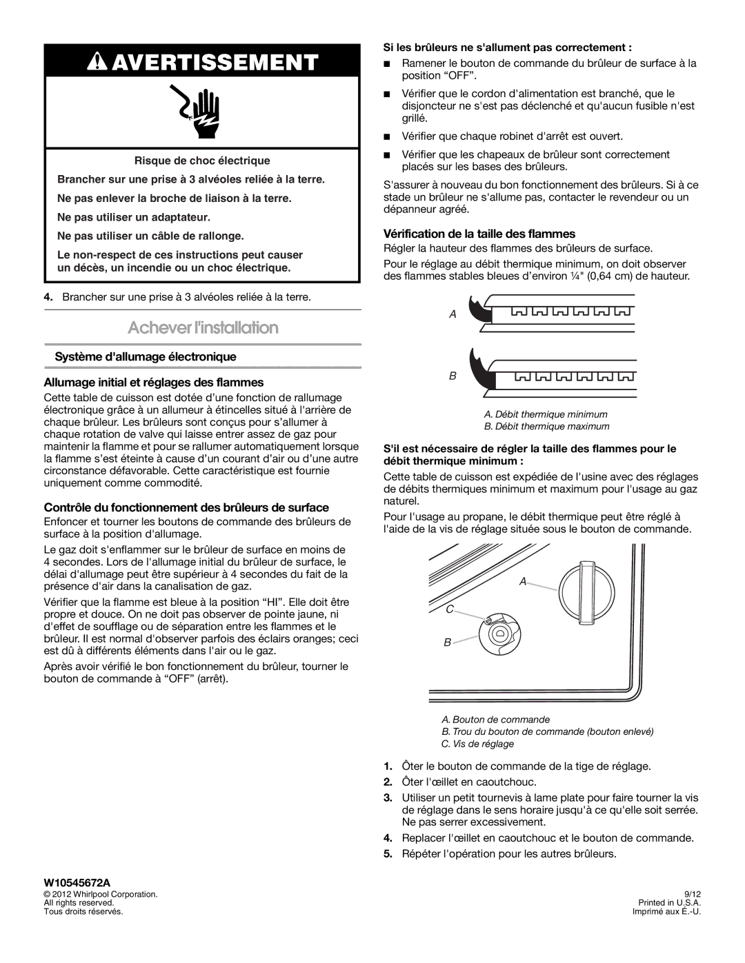 Whirlpool W10545672A installation instructions Achever linstallation, Contrôle du fonctionnement des brûleurs de surface 