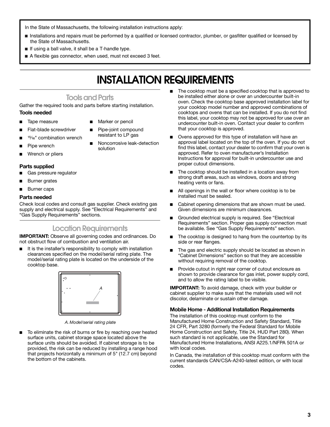 Whirlpool W10545672A installation instructions Installation Requirements, Tools and Parts, Location Requirements 