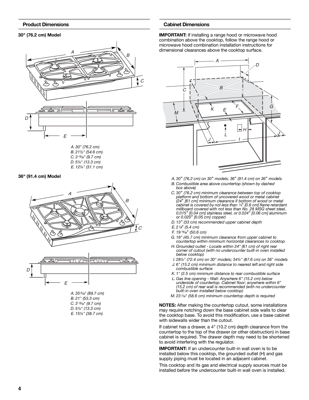 Whirlpool W10545672A installation instructions Product Dimensions, Cabinet Dimensions, 30 76.2 cm Model, 36 91.4 cm Model 