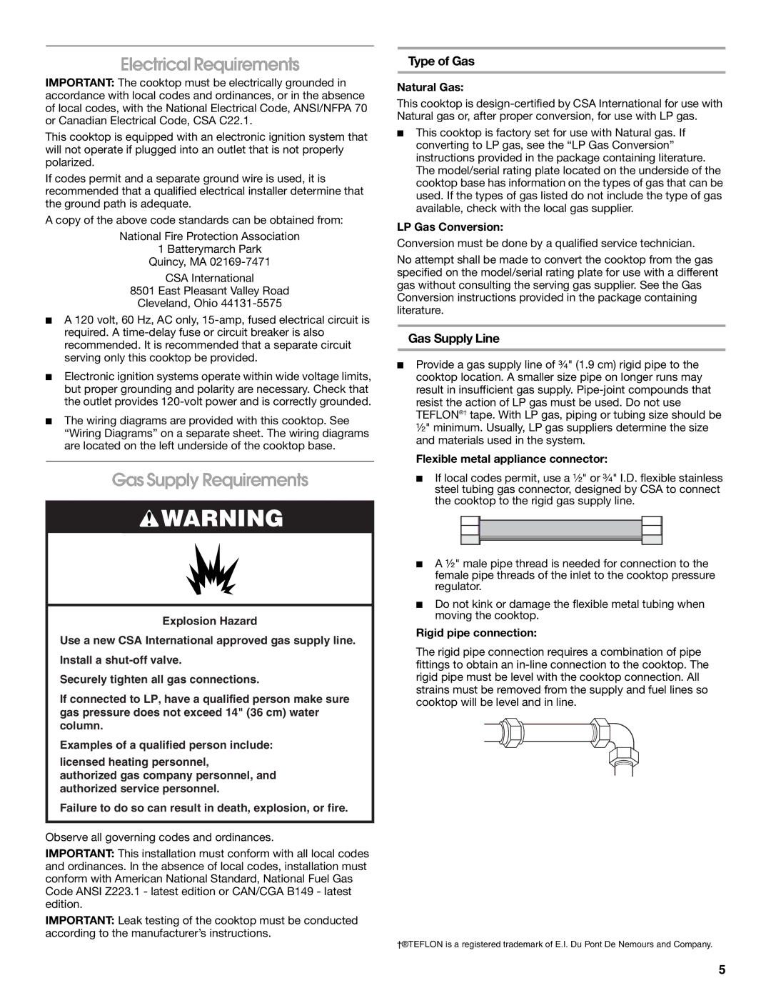 Whirlpool W10545672A Electrical Requirements, Gas Supply Requirements, Type of Gas, Gas Supply Line 