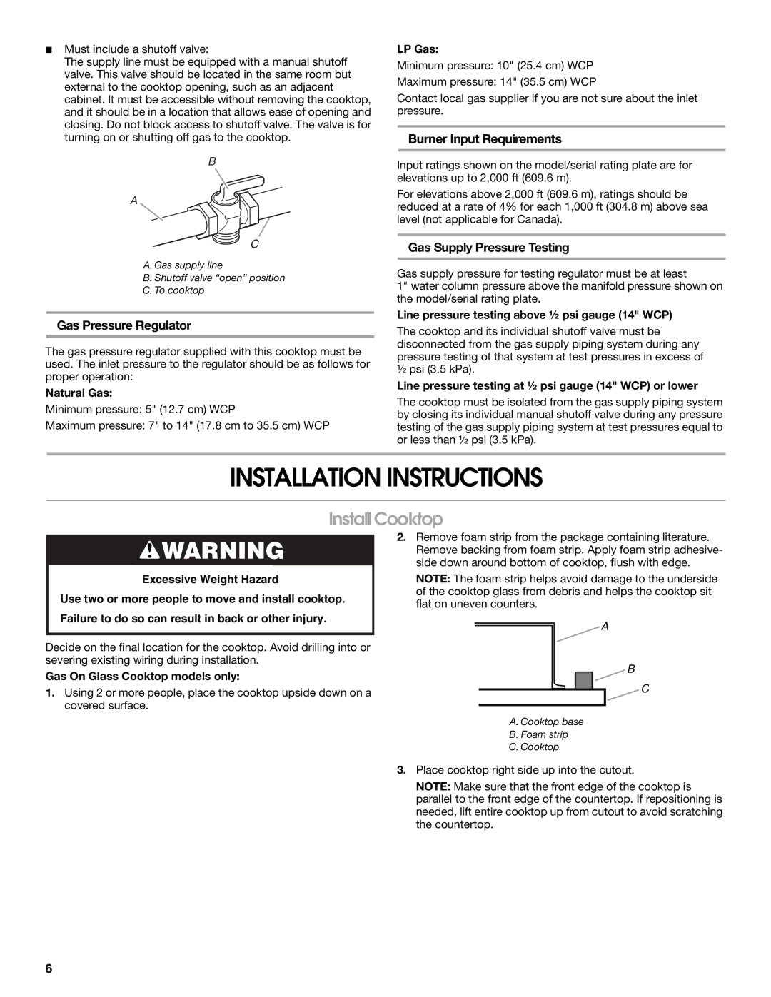 Whirlpool W10545672A Installation Instructions, Install Cooktop, Gas Pressure Regulator, Burner Input Requirements 