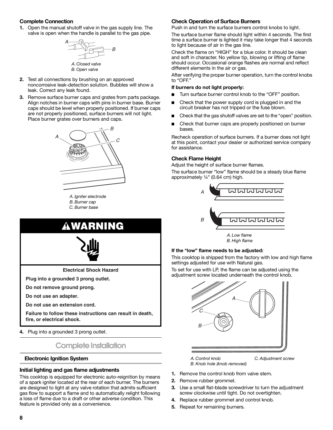 Whirlpool W10545672A Complete Installation, Complete Connection, Check Operation of Surface Burners, Check Flame Height 