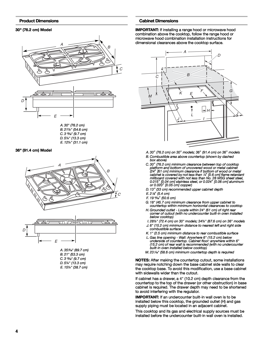 Whirlpool W10545672A A B C, Product Dimensions, Cabinet Dimensions, 30 76.2 cm Model, A D Cb, Fg H, 36 91.4 cm Model 
