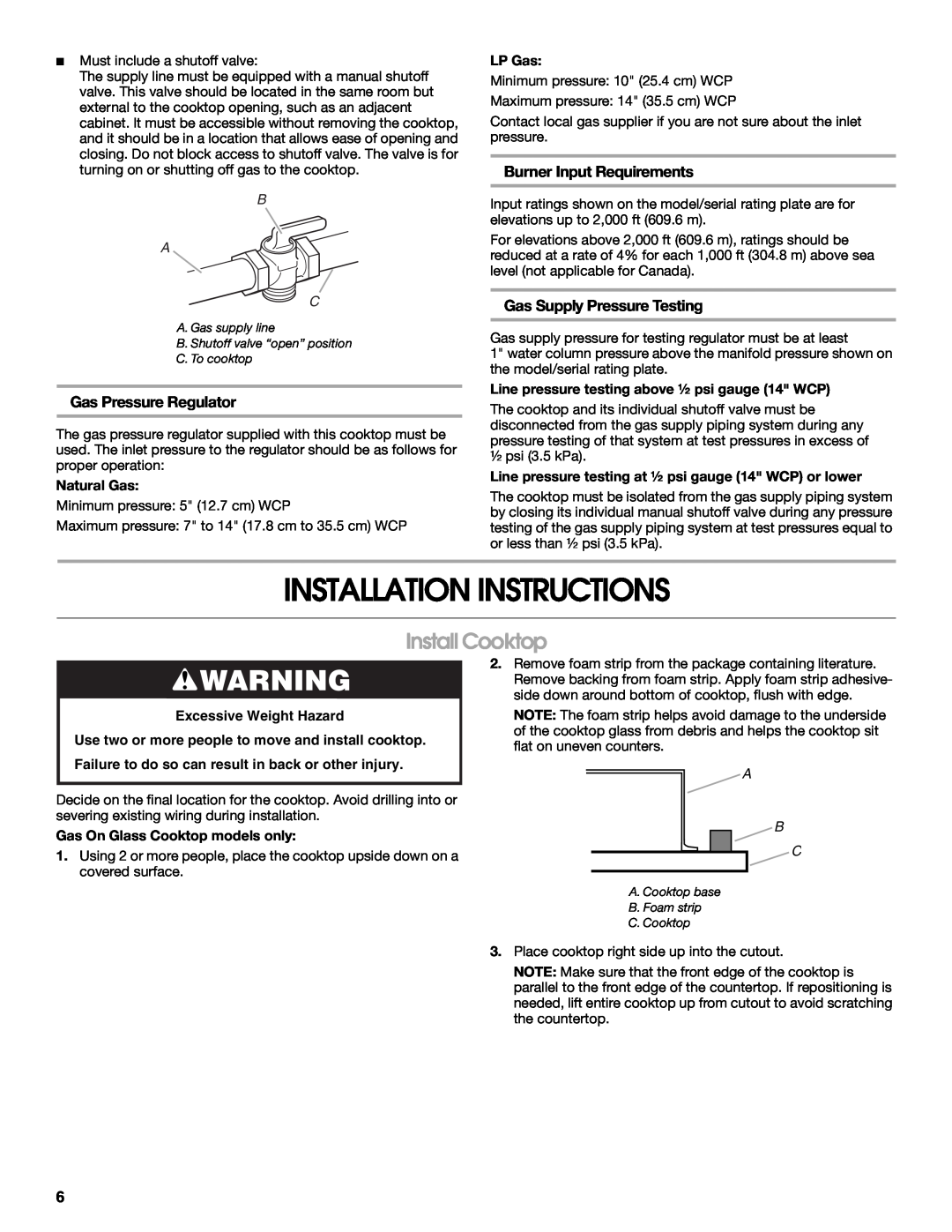 Whirlpool W10545672A Installation Instructions, Install Cooktop, Gas Pressure Regulator, Burner Input Requirements, B A C 