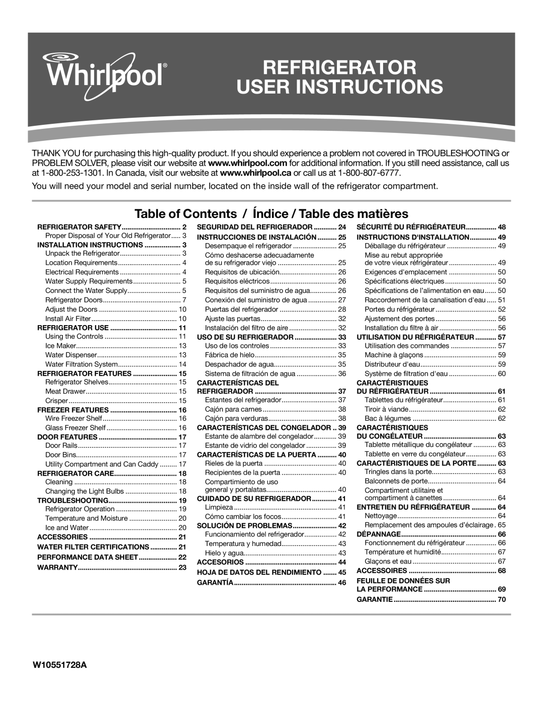 Whirlpool W10551728A installation instructions Refrigerator User Instructions 