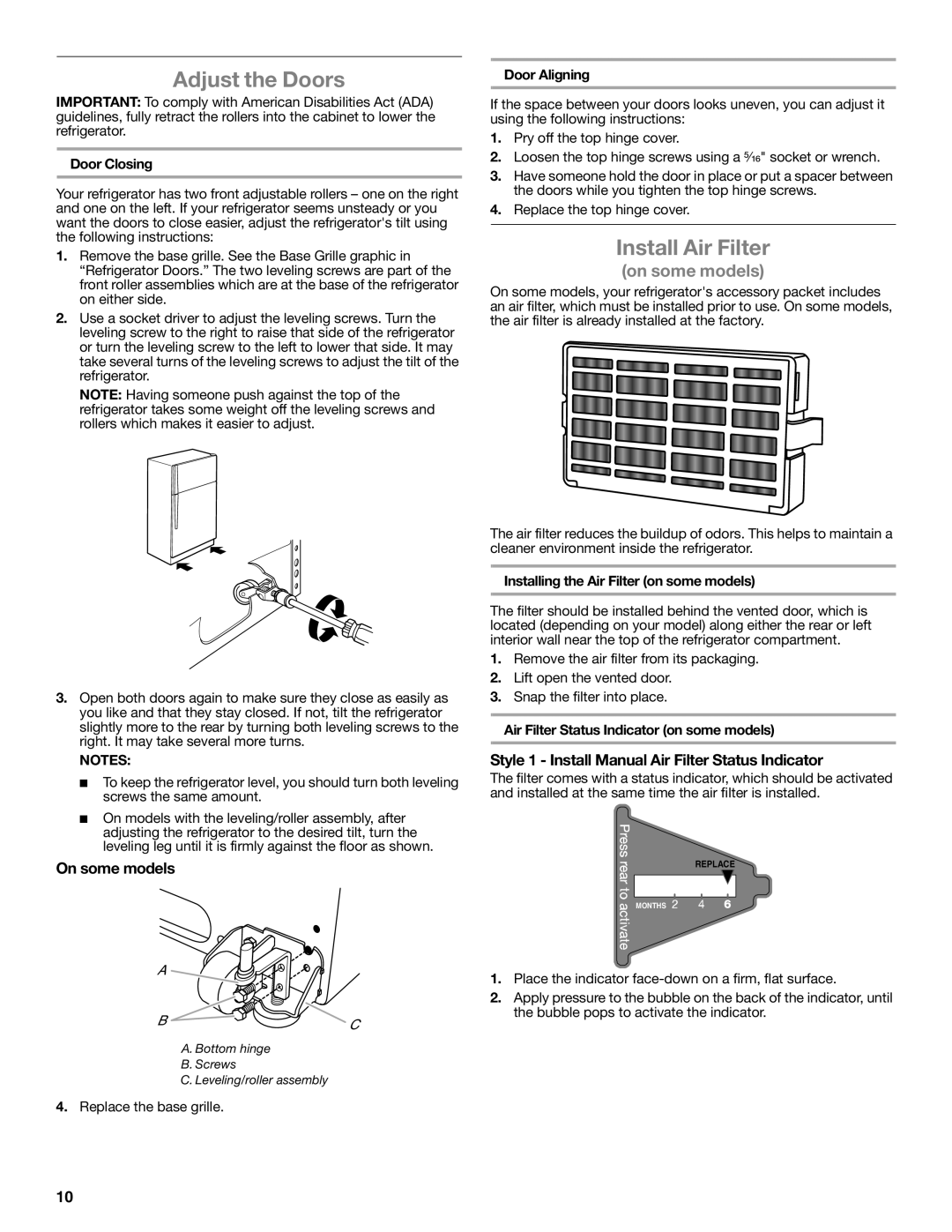 Whirlpool W10551728A installation instructions Adjust the Doors, Install Air Filter, On some models 