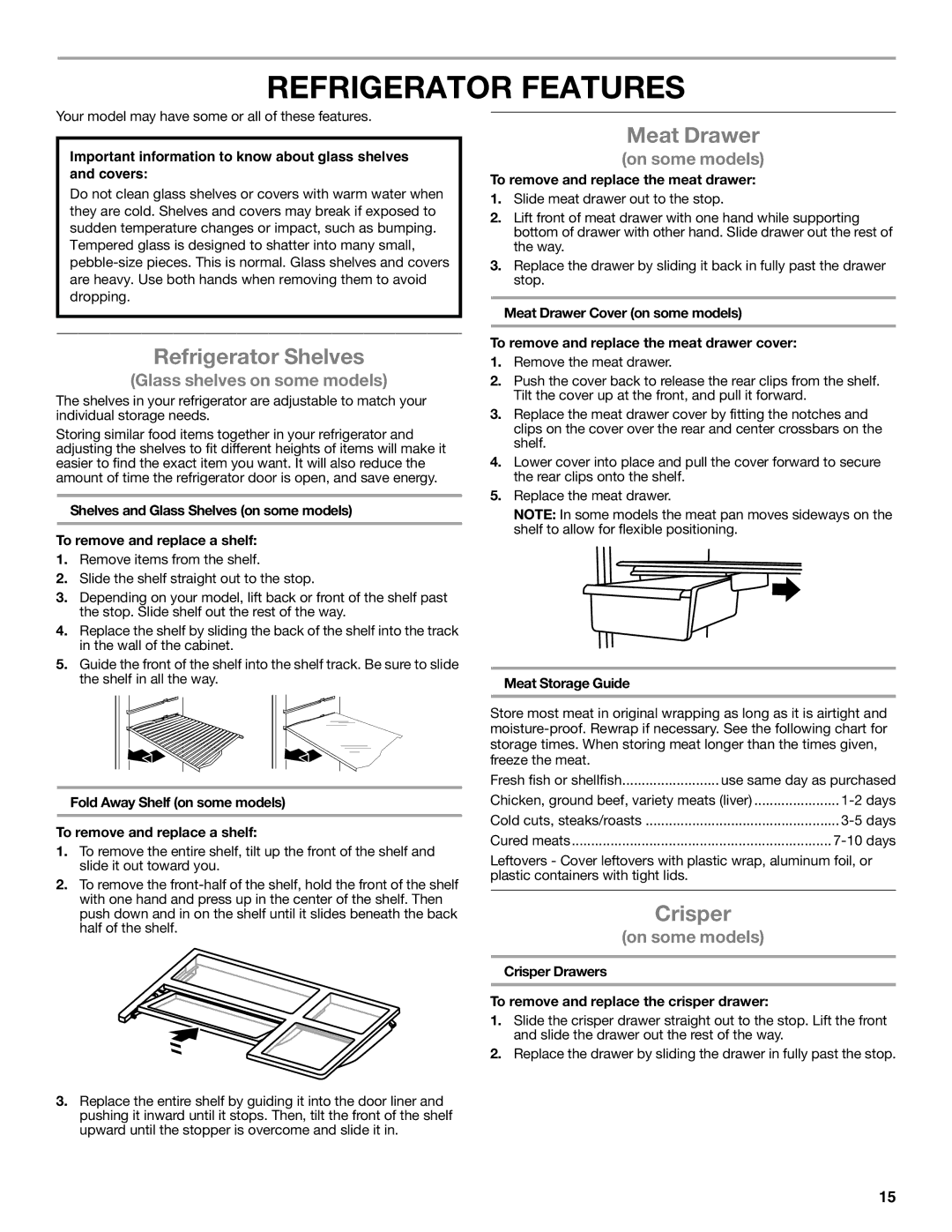 Whirlpool W10551728A installation instructions Refrigerator Features, Refrigerator Shelves, Meat Drawer, Crisper 