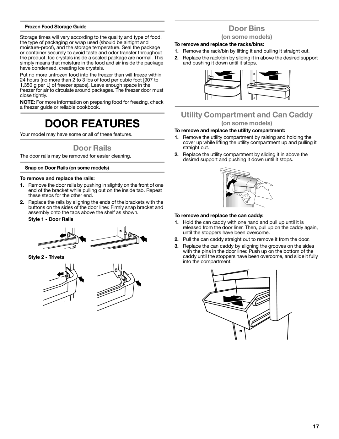 Whirlpool W10551728A installation instructions Door Features, Door Rails, Door Bins, Utility Compartment and Can Caddy 