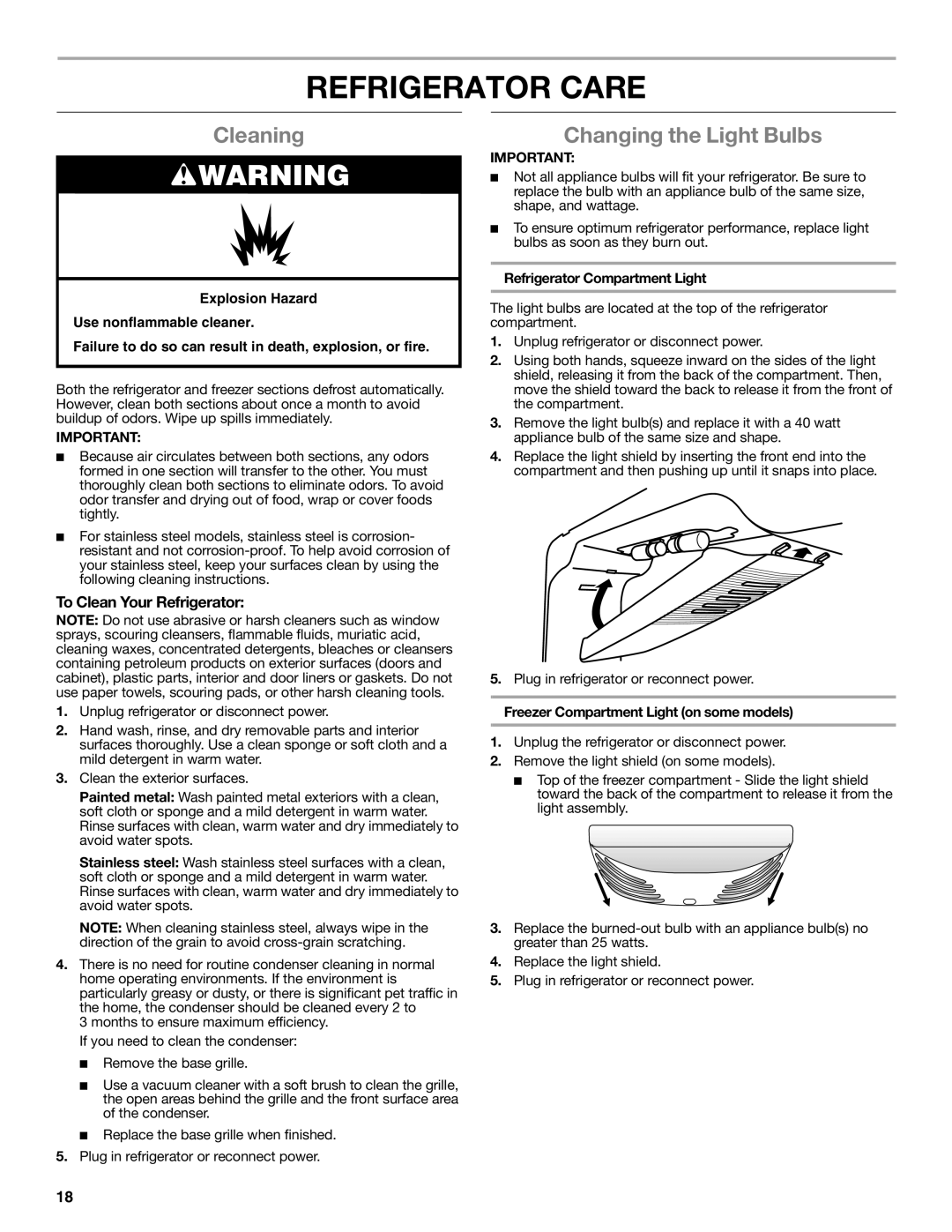 Whirlpool W10551728A Refrigerator Care, Cleaning, Changing the Light Bulbs, To Clean Your Refrigerator 