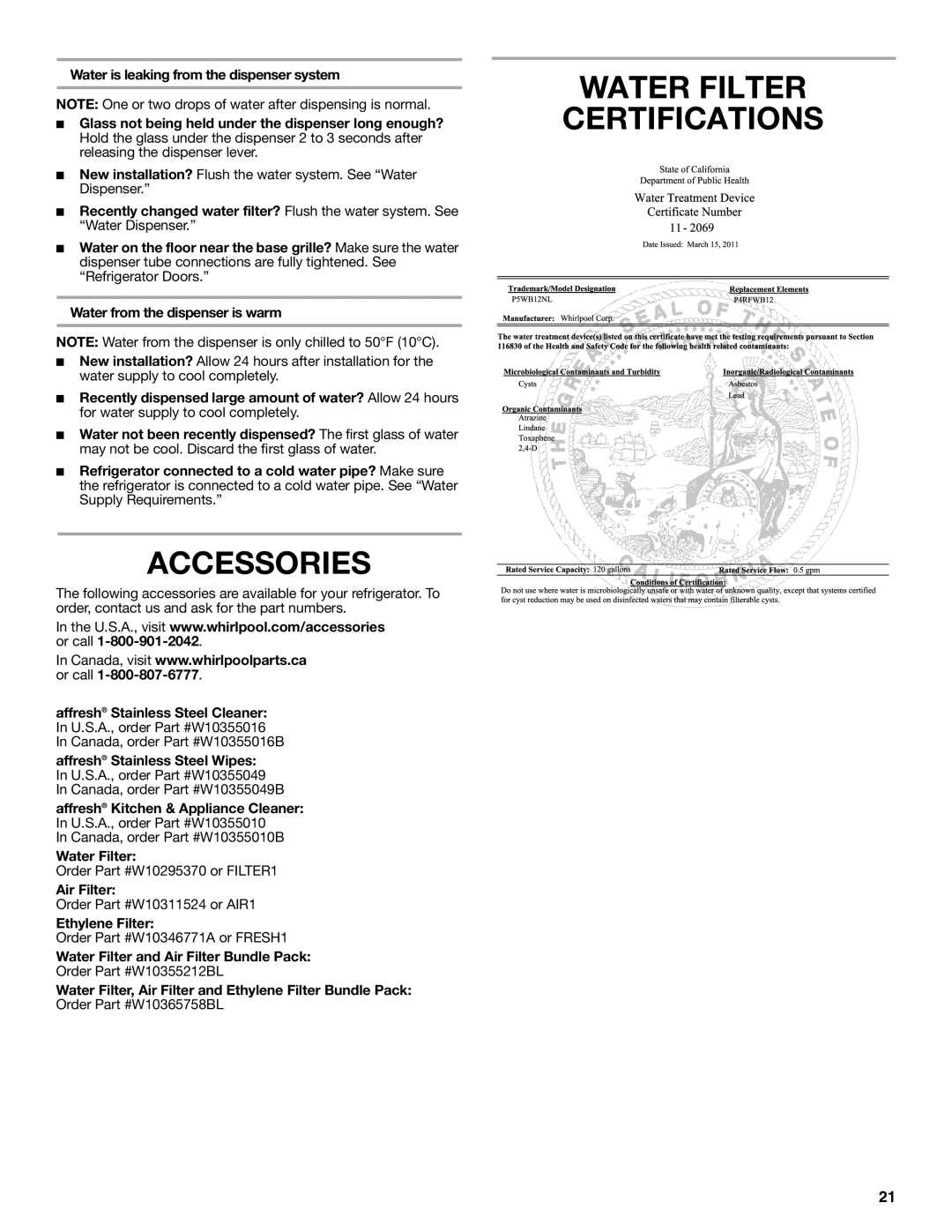 Whirlpool W10551728A installation instructions Accessories, Water Filter Certifications, Air Filter, Ethylene Filter 