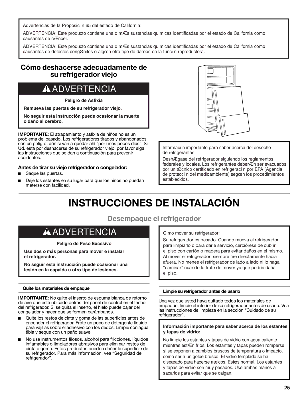 Whirlpool W10551728A Instrucciones DE Instalación, Desempaque el refrigerador, Limpie su refrigerador antes de usarlo 