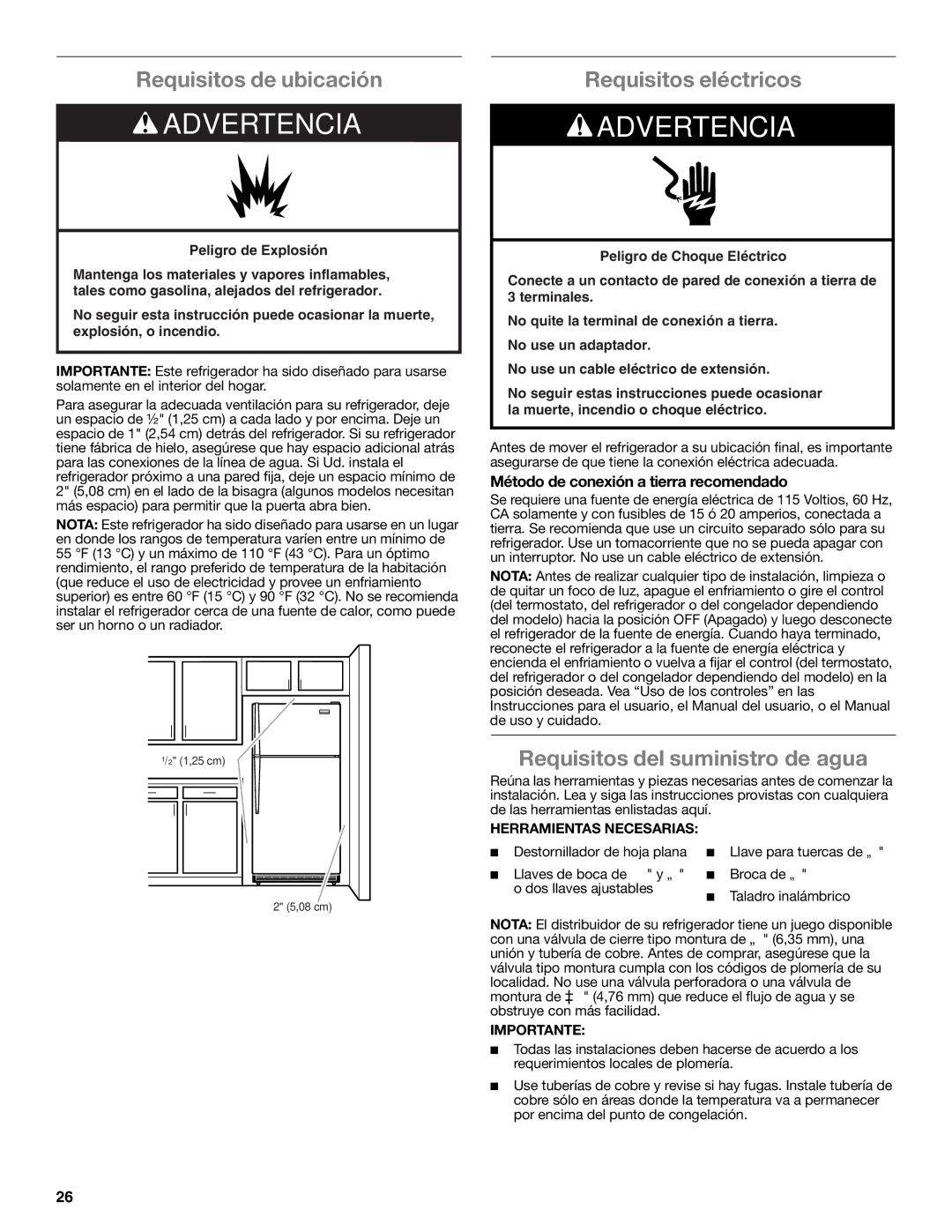 Whirlpool W10551728A Requisitos de ubicación, Requisitos eléctricos, Requisitos del suministro de agua 