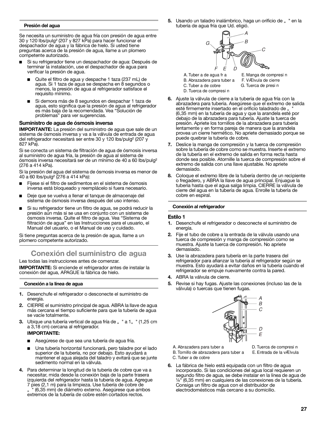 Whirlpool W10551728A Conexión del suministro de agua, Suministro de agua de ósmosis inversa, Estilo 