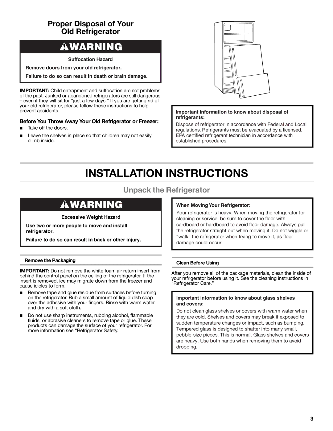 Whirlpool W10551728A installation instructions Installation Instructions, Unpack the Refrigerator, Remove the Packaging 