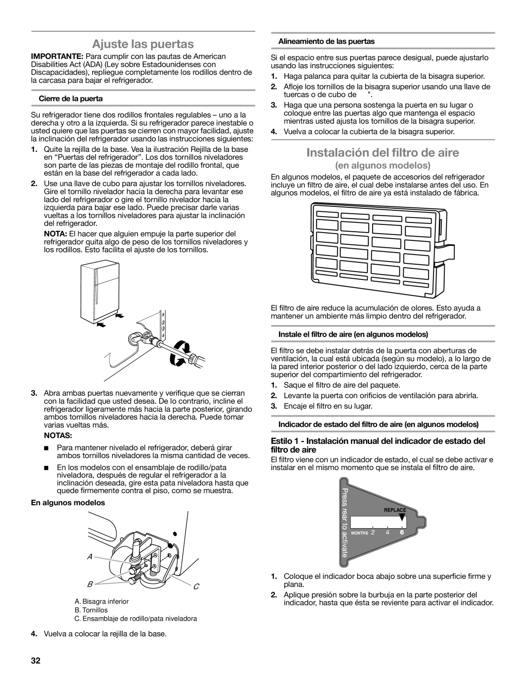 Whirlpool W10551728A installation instructions Ajuste las puertas, Instalación del filtro de aire, Notas 