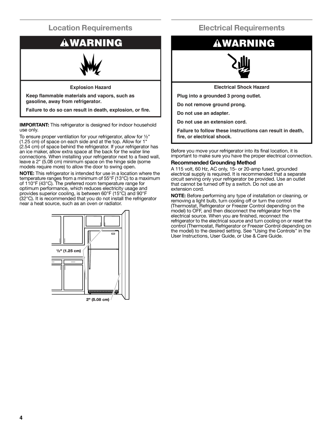 Whirlpool W10551728A installation instructions Location Requirements, Electrical Requirements, Recommended Grounding Method 