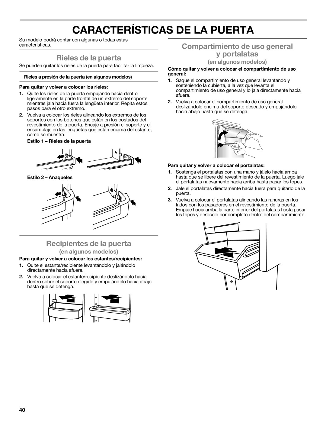 Whirlpool W10551728A Características DE LA Puerta, Rieles de la puerta, Compartimiento de uso general Portalatas 