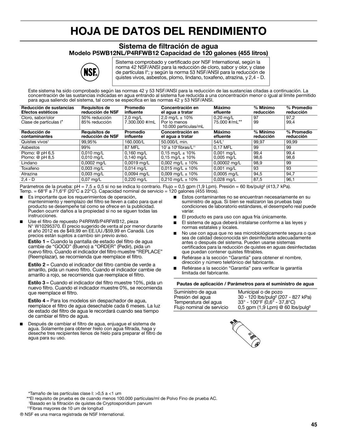 Whirlpool W10551728A installation instructions Hoja DE Datos DEL Rendimiento, Sistema de filtración de agua 