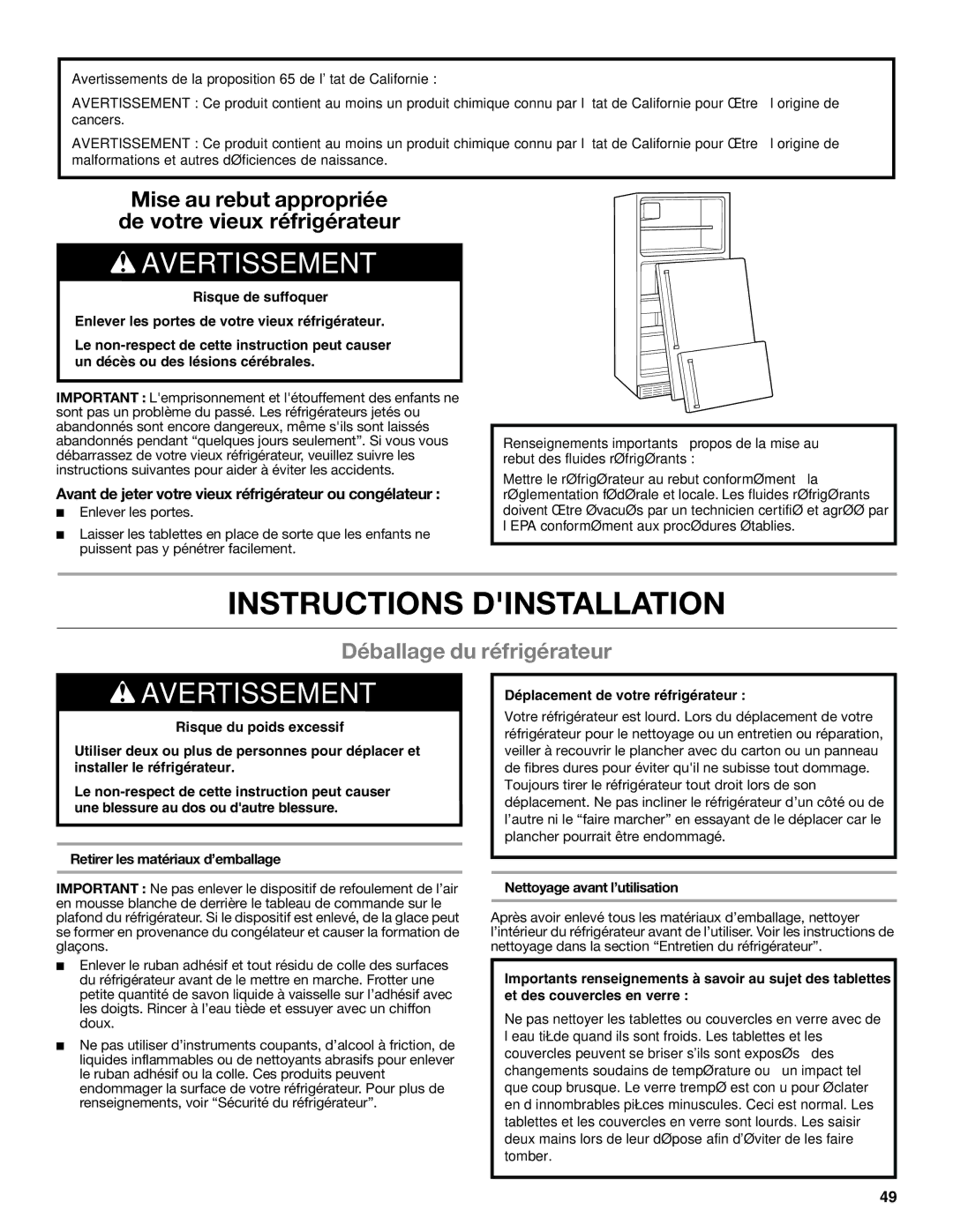 Whirlpool W10551728A Instructions Dinstallation, Déballage du réfrigérateur, Nettoyage avant l’utilisation 