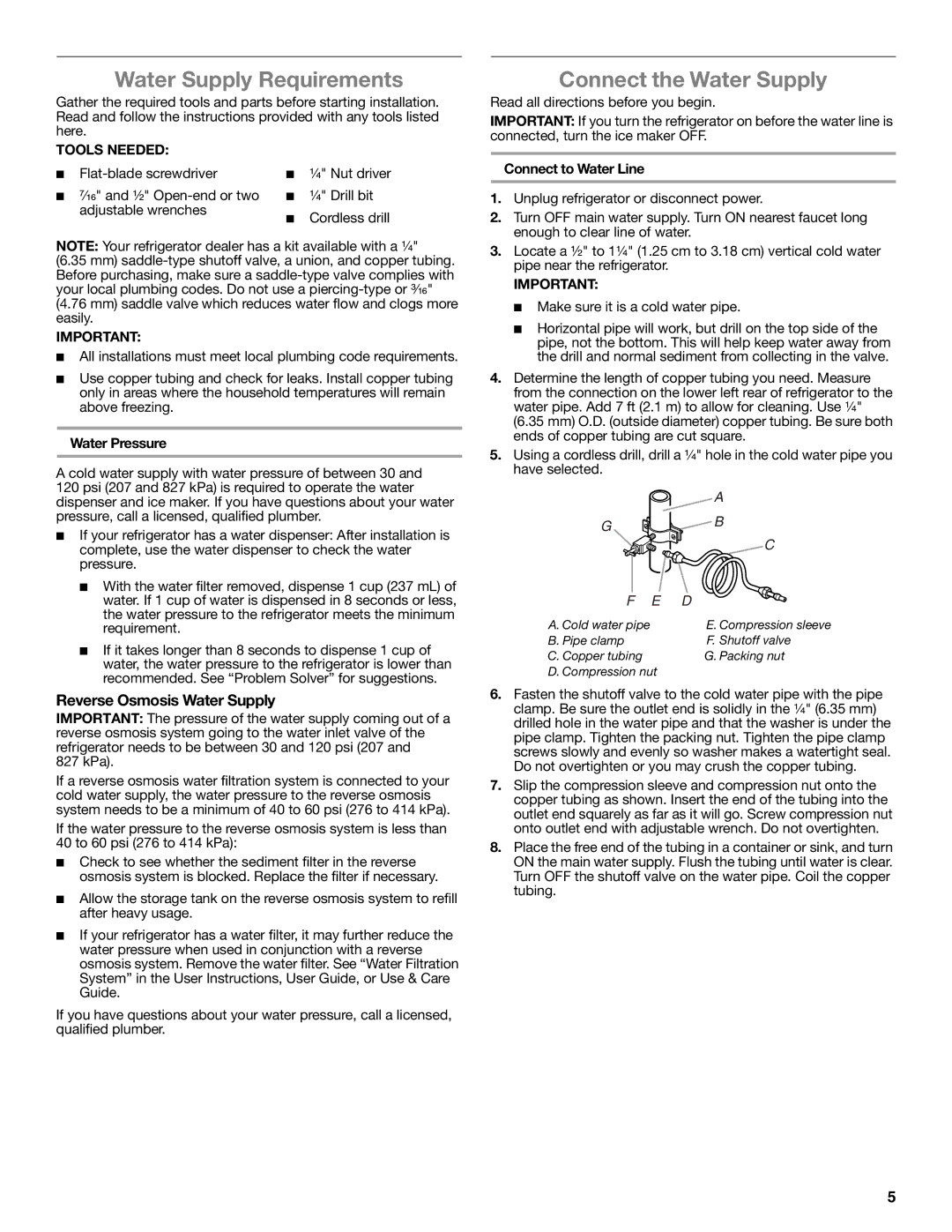 Whirlpool W10551728A Water Supply Requirements, Connect the Water Supply, Reverse Osmosis Water Supply, Tools Needed 