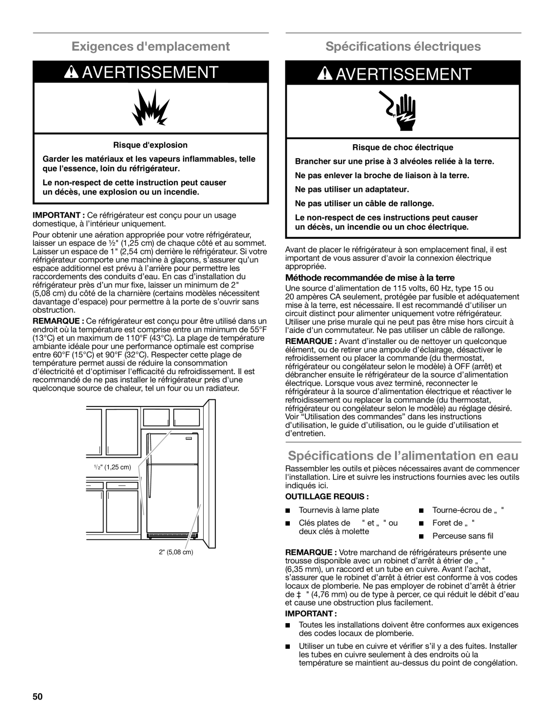 Whirlpool W10551728A Exigences demplacement, Spécifications électriques, Spécifications de l’alimentation en eau 