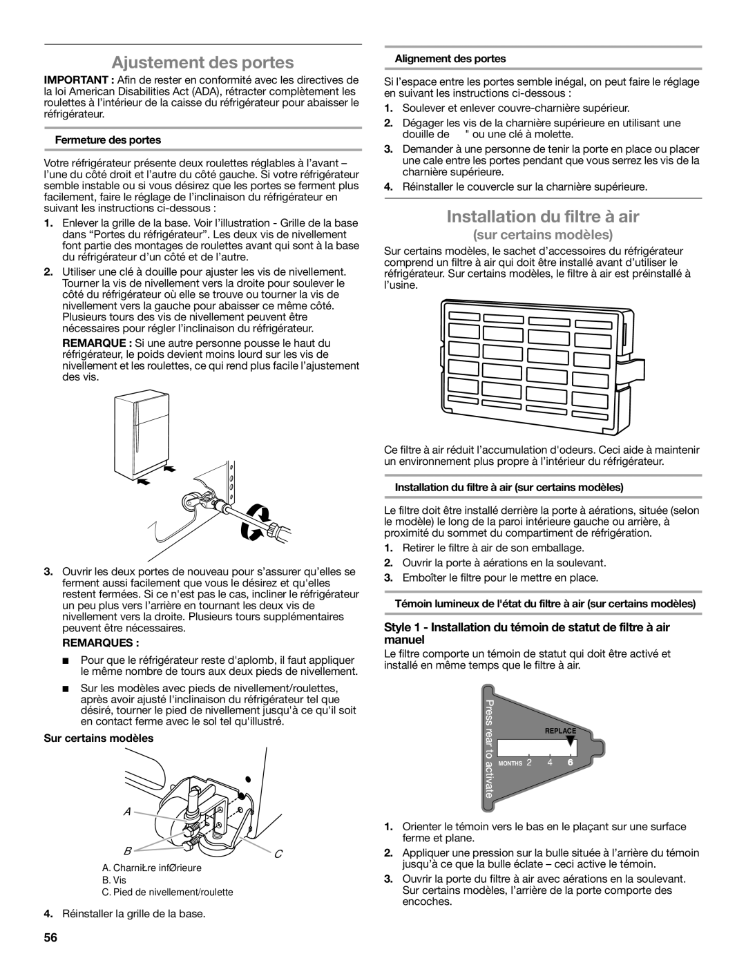 Whirlpool W10551728A installation instructions Ajustement des portes, Installation du filtre à air, Remarques 
