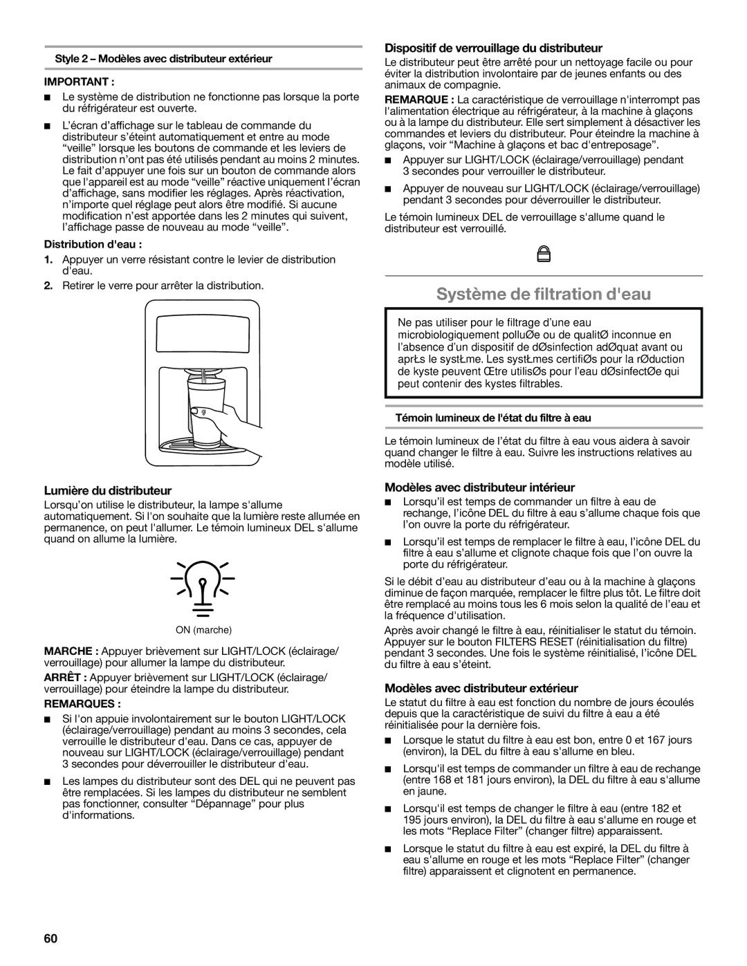 Whirlpool W10551728A Système de filtration deau, Lumière du distributeur, Dispositif de verrouillage du distributeur 