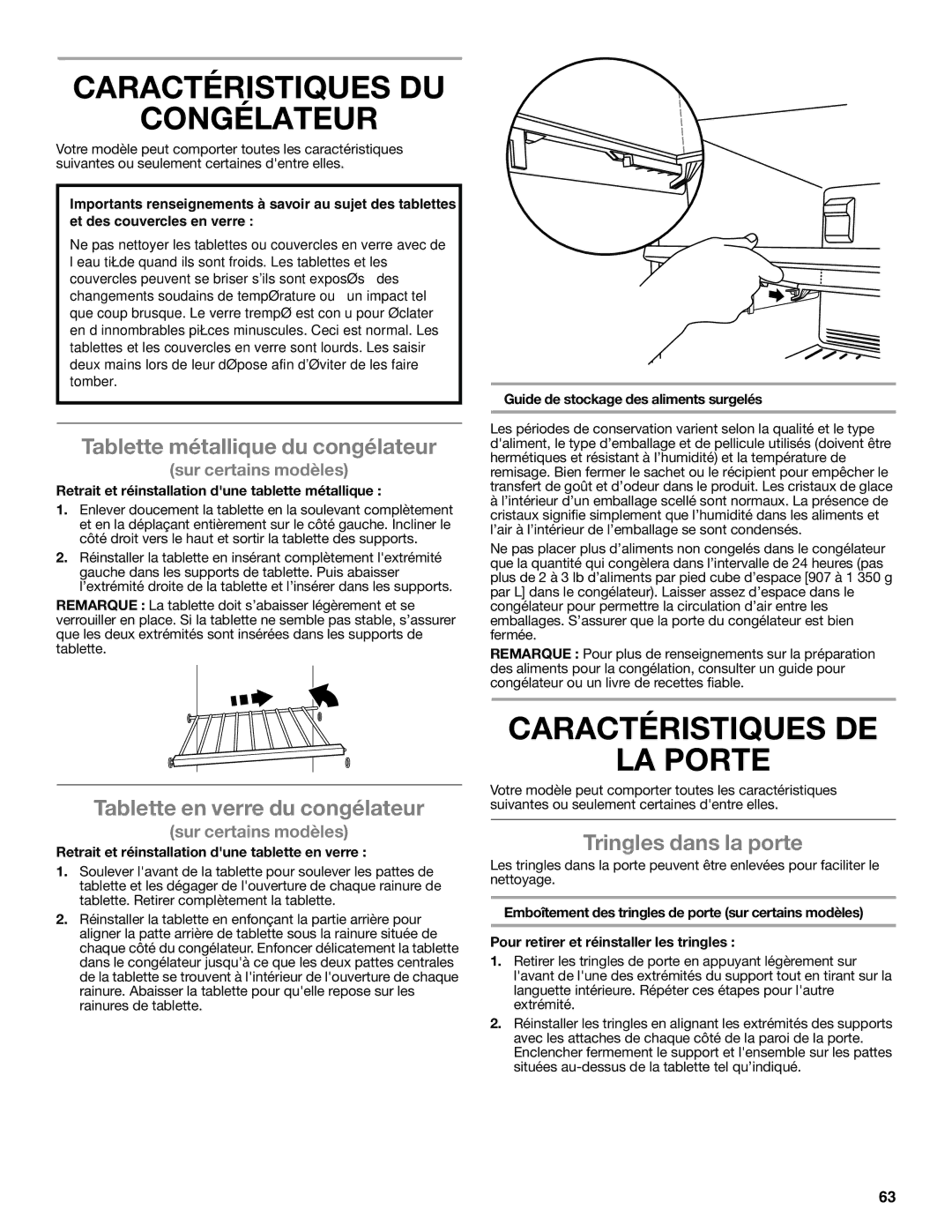 Whirlpool W10551728A Caractéristiques DU Congélateur, Caractéristiques DE LA Porte, Tablette métallique du congélateur 