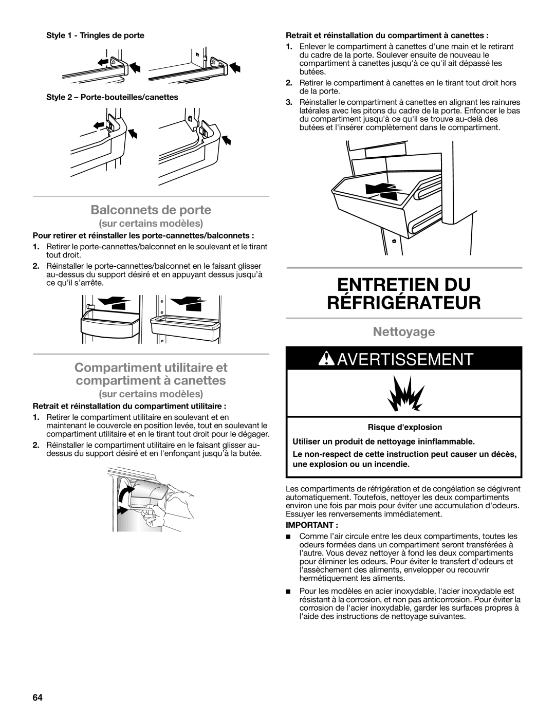 Whirlpool W10551728A installation instructions Entretien DU Réfrigérateur, Balconnets de porte, Nettoyage 