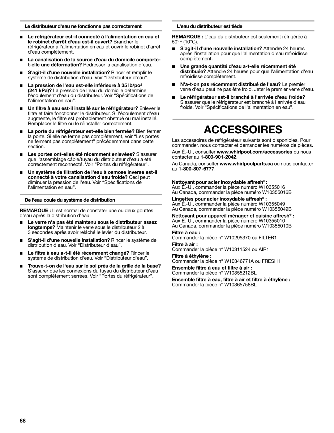 Whirlpool W10551728A installation instructions Accessoires 