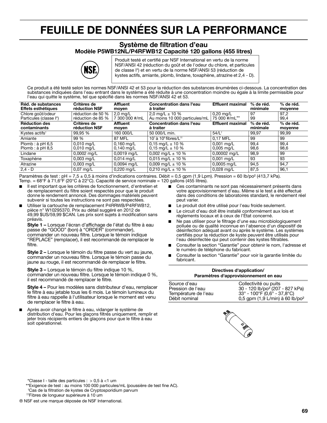 Whirlpool W10551728A installation instructions Feuille DE Données SUR LA Performance, Système de filtration d’eau 