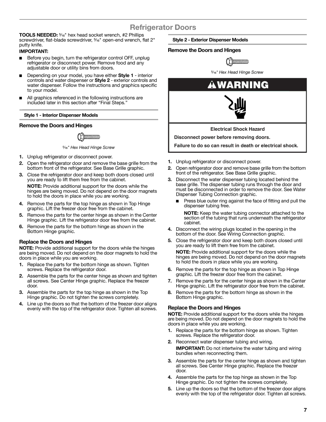 Whirlpool W10551728A Refrigerator Doors, Remove the Doors and Hinges, Replace the Doors and Hinges 