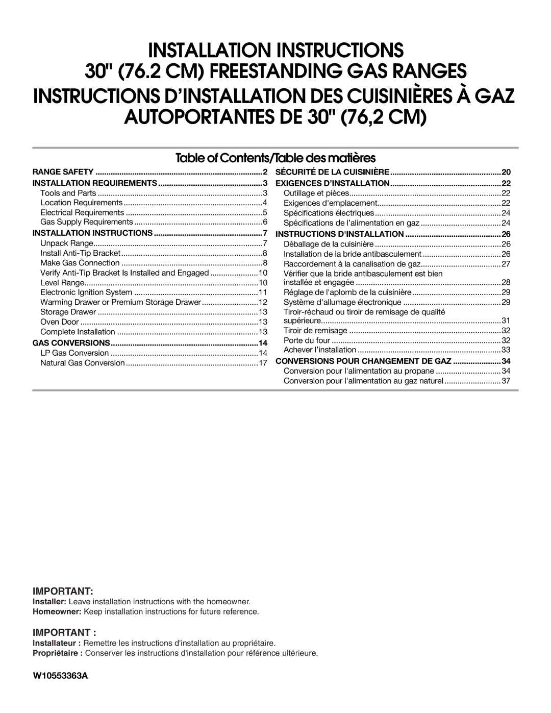 Whirlpool W10553363A installation instructions Autoportantes DE 30 76,2 CM 