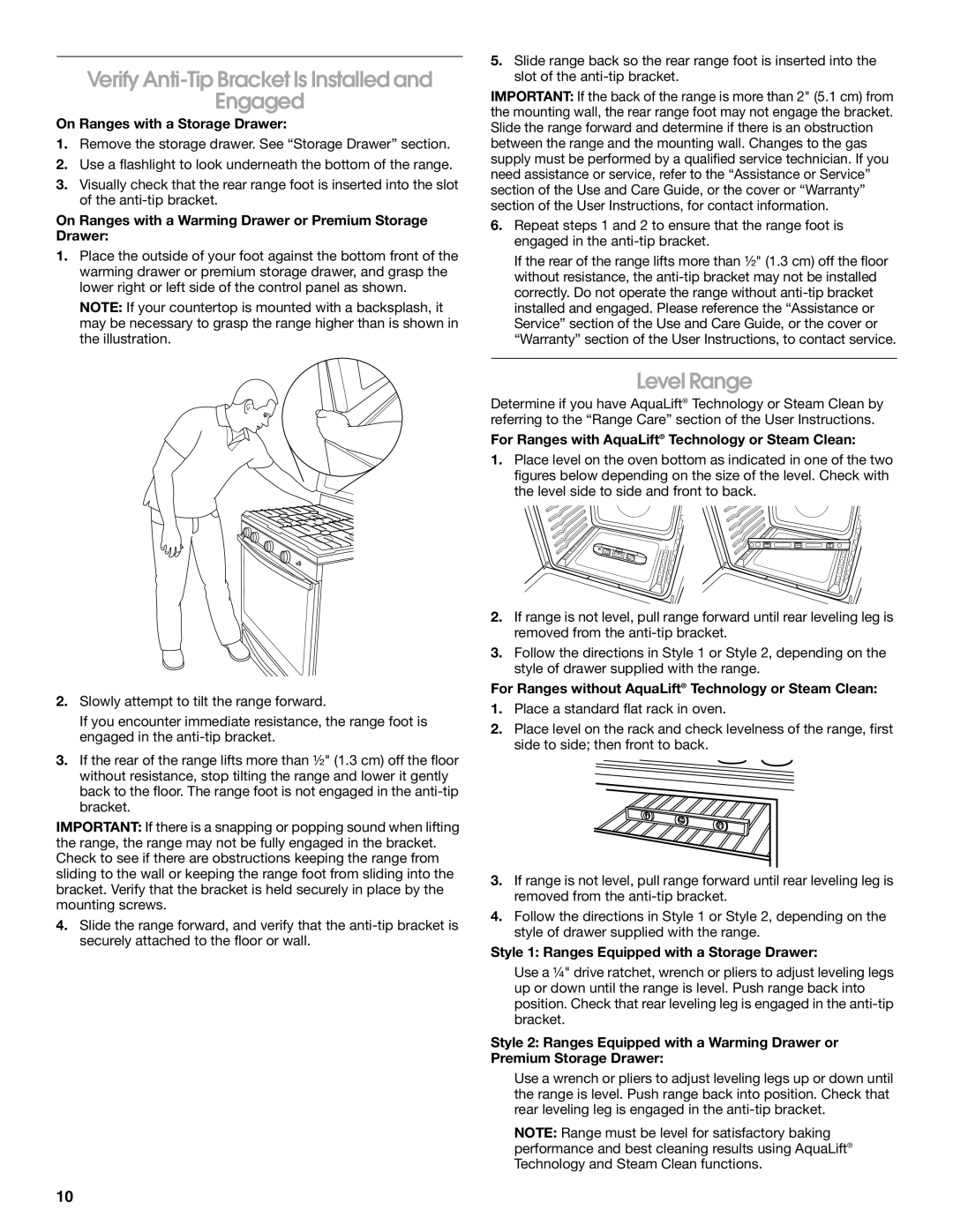 Whirlpool W10553363A installation instructions Verify Anti-Tip Bracket Is Installed Engaged, Level Range 