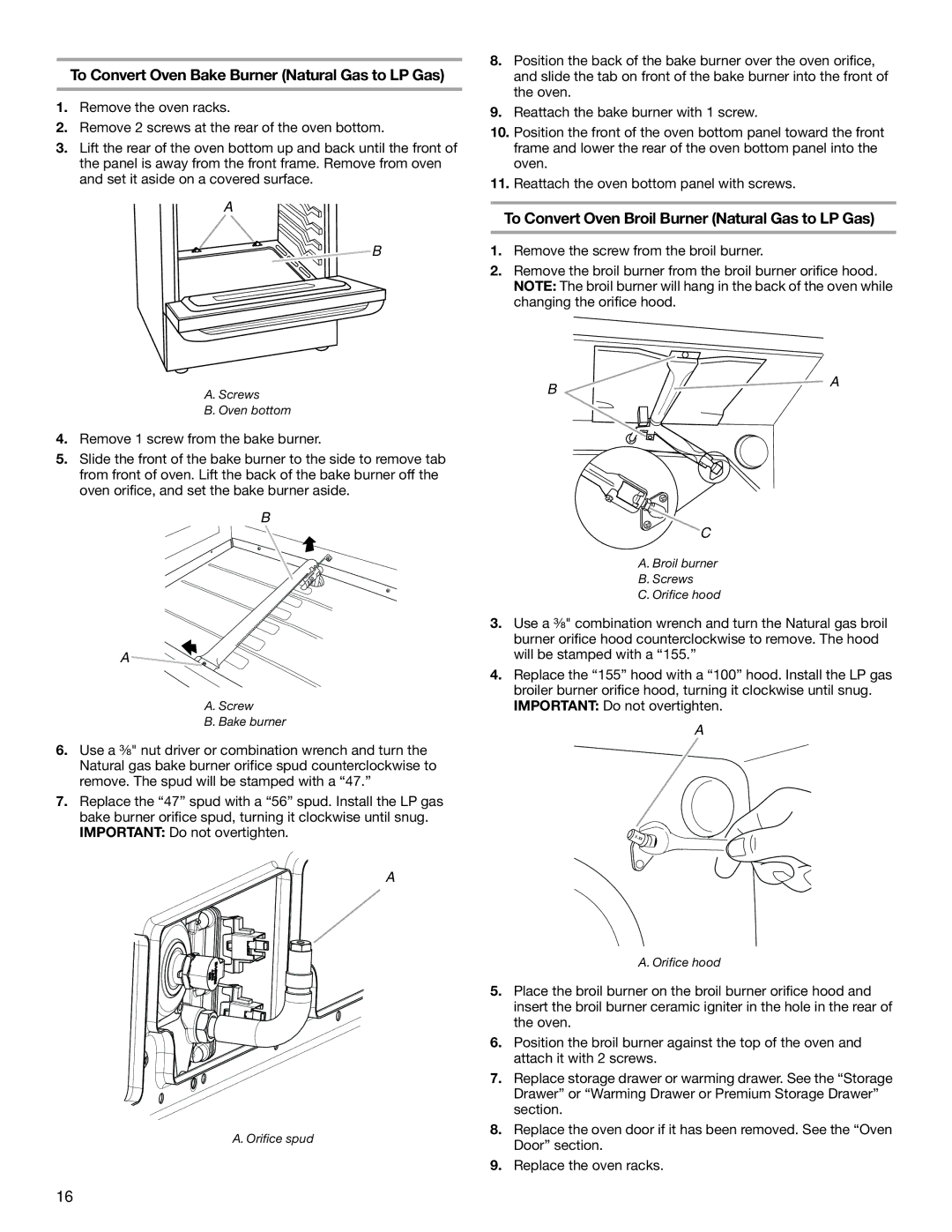 Whirlpool W10553363A To Convert Oven Bake Burner Natural Gas to LP Gas, To Convert Oven Broil Burner Natural Gas to LP Gas 