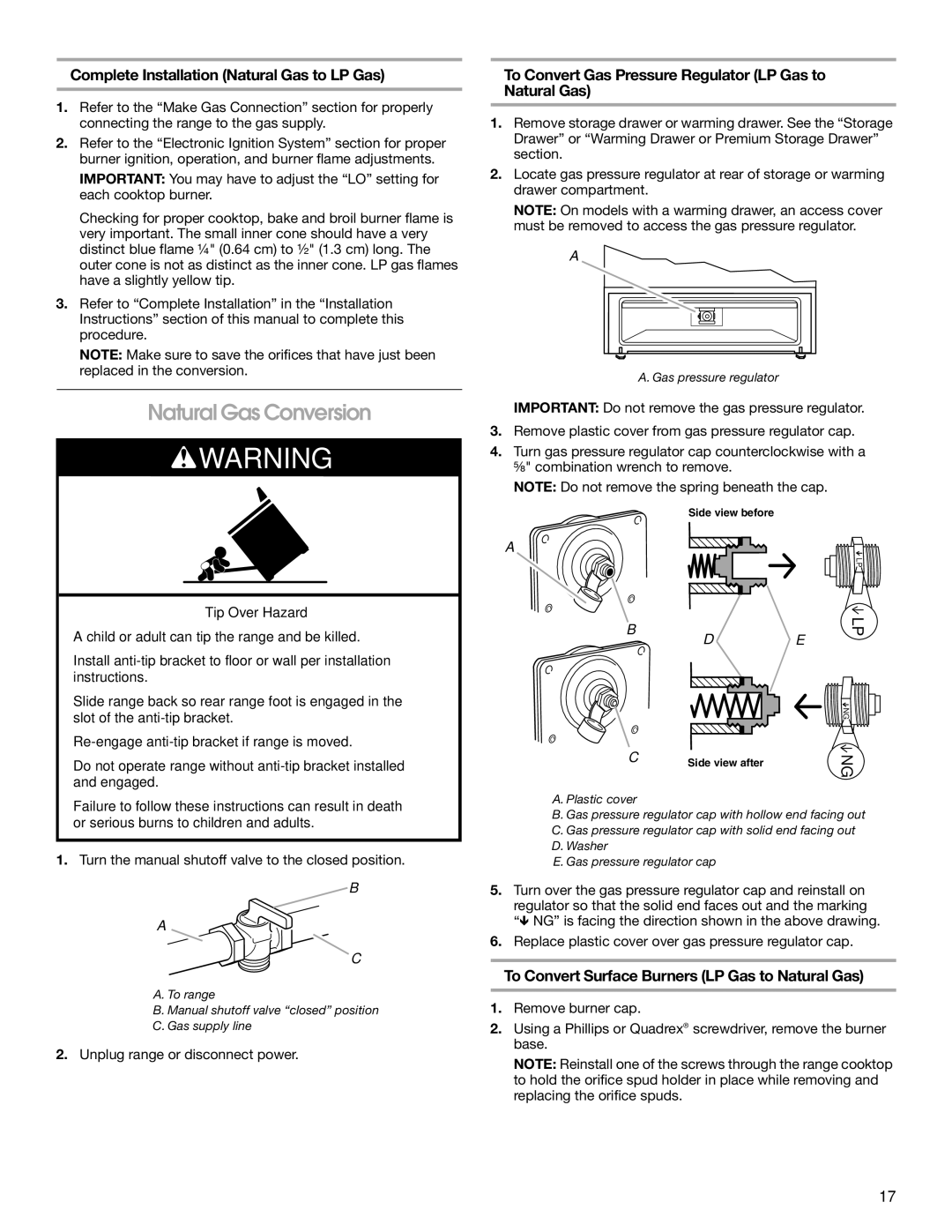 Whirlpool W10553363A installation instructions Natural Gas Conversion, Complete Installation Natural Gas to LP Gas 