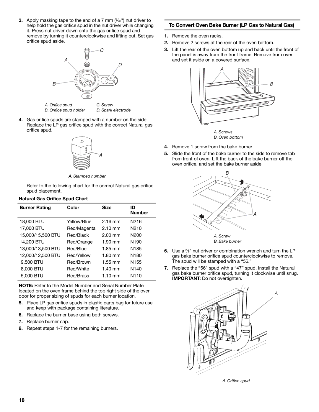 Whirlpool W10553363A installation instructions To Convert Oven Bake Burner LP Gas to Natural Gas 