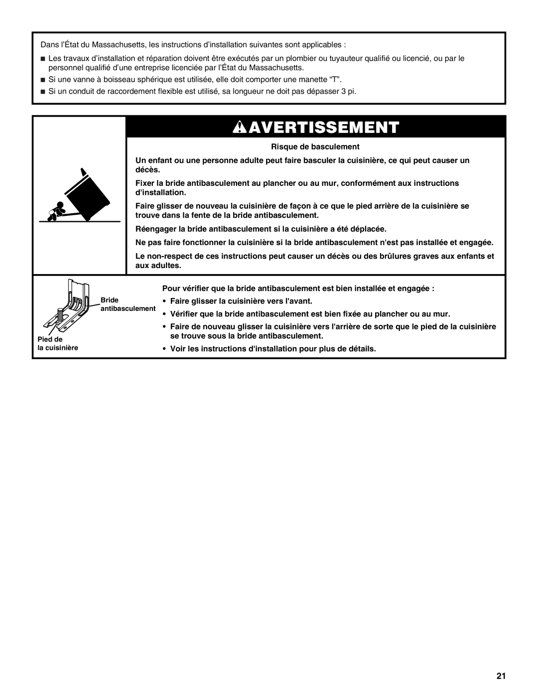 Whirlpool W10553363A installation instructions Pied de La cuisinière 