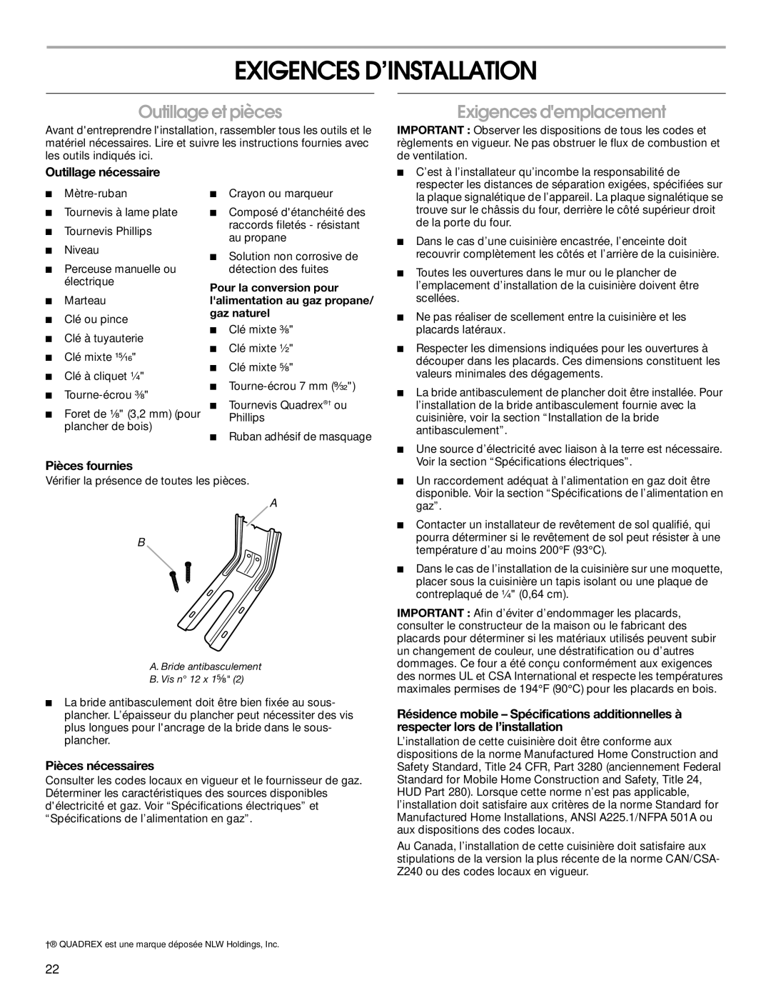 Whirlpool W10553363A installation instructions Exigences D’INSTALLATION, Outillage et pièces, Exigences demplacement 