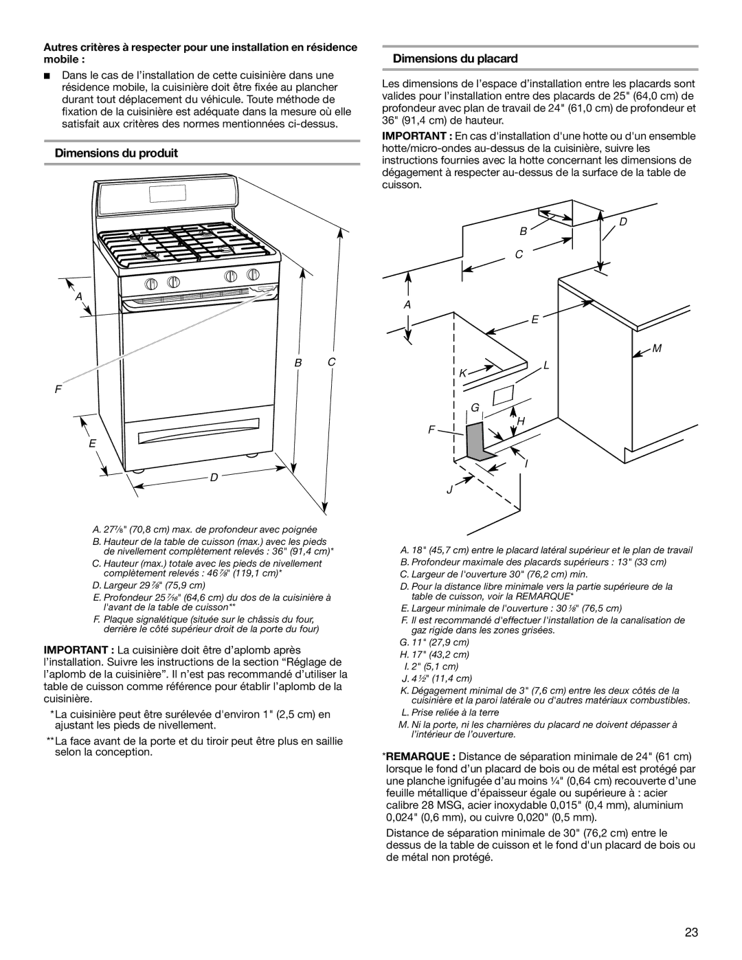 Whirlpool W10553363A installation instructions Dimensions du produit, Dimensions du placard 