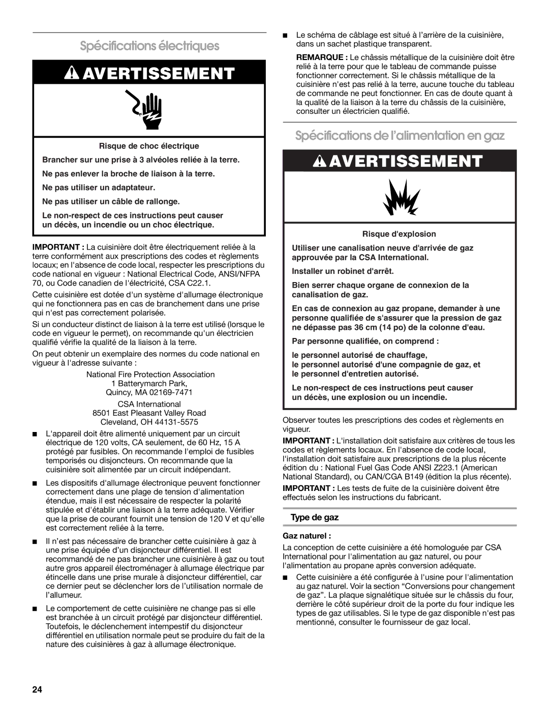 Whirlpool W10553363A Spécifications électriques, Spécifications de l’alimentation en gaz, Type de gaz, Gaz naturel 