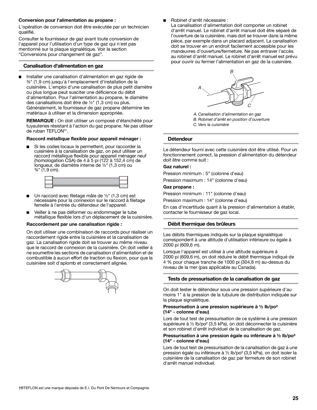 Whirlpool W10553363A installation instructions Canalisation dalimentation en gaz, Détendeur, Débit thermique des brûleurs 