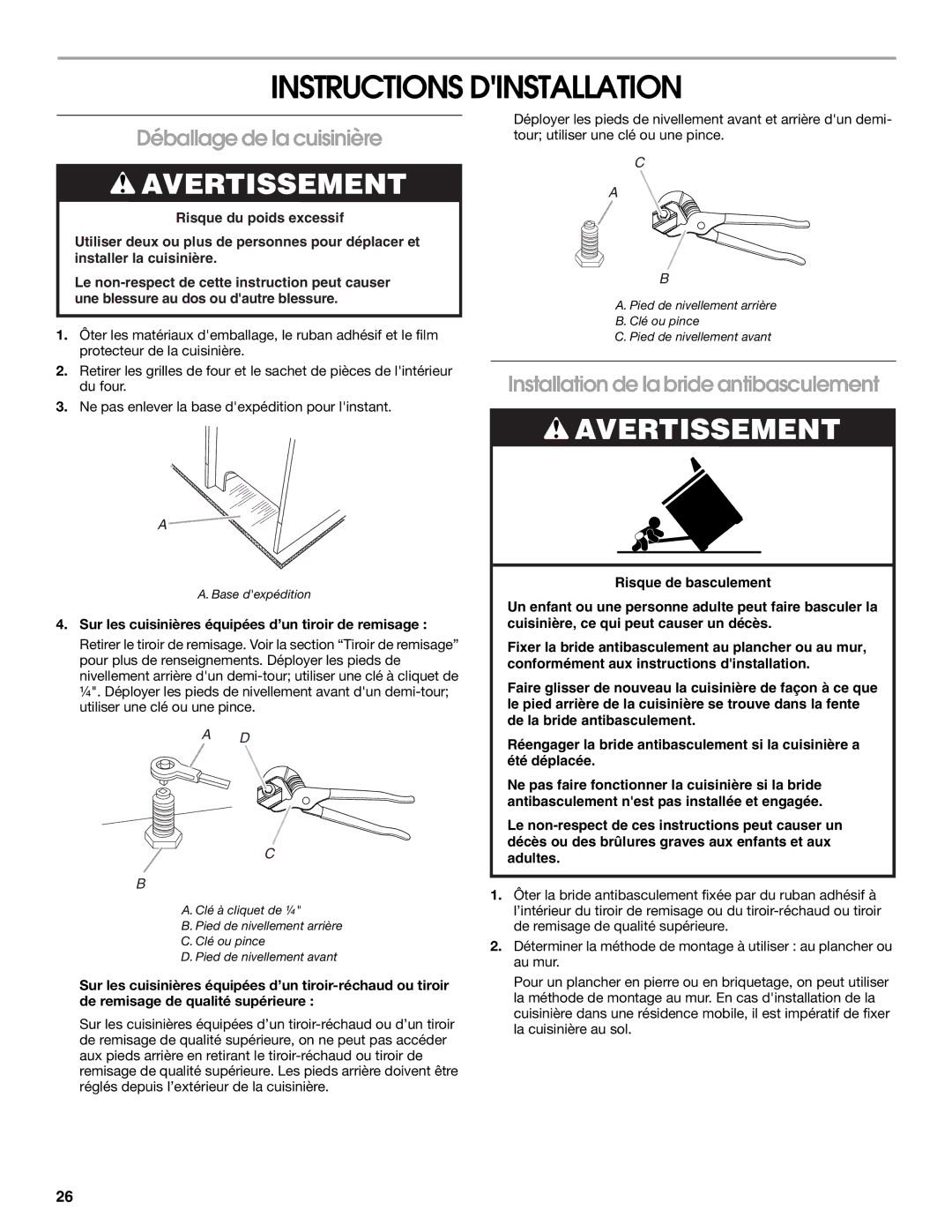 Whirlpool W10553363A Instructions Dinstallation, Déballage de la cuisinière, Installation de la bride antibasculement 