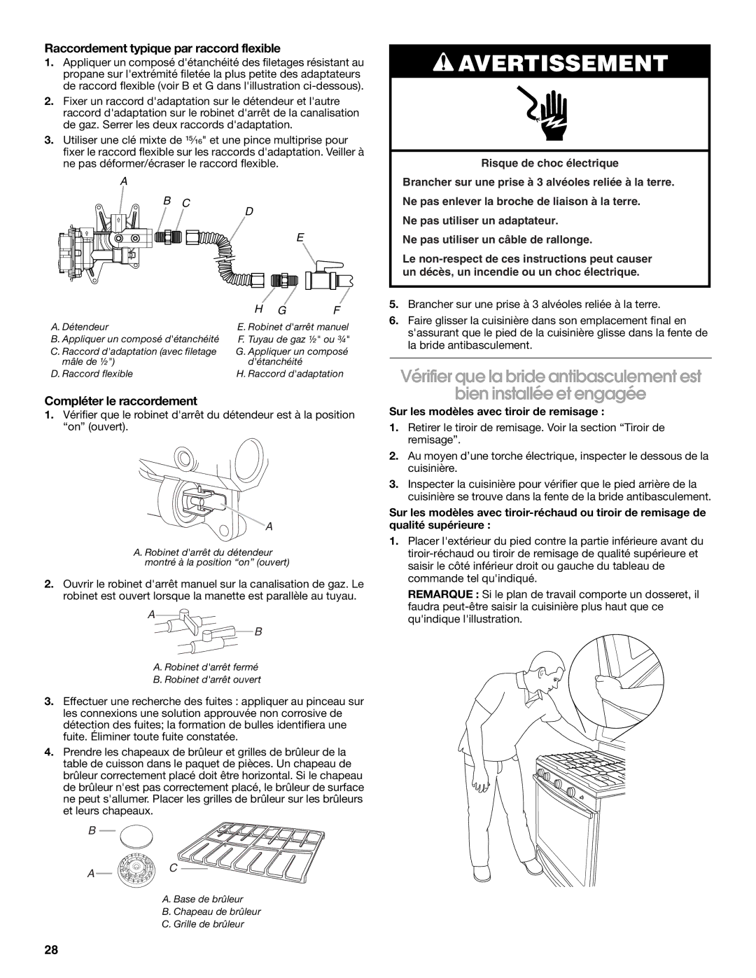 Whirlpool W10553363A Vérifier que la bride antibasculement est, Bien installée et engagée, Compléter le raccordement 