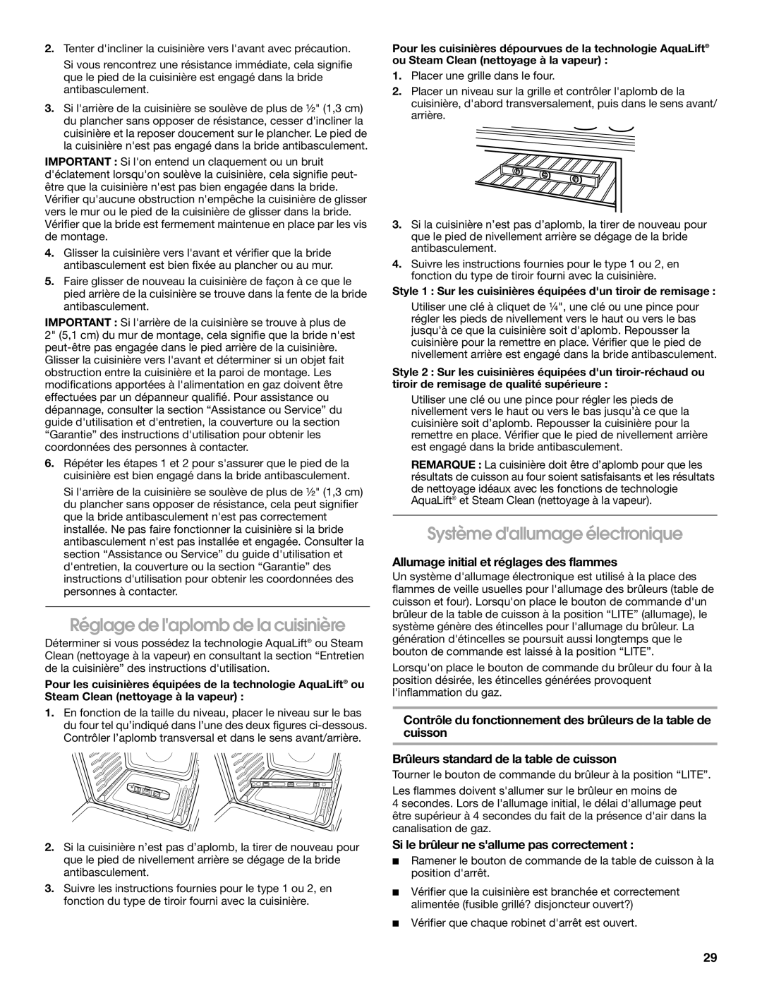 Whirlpool W10553363A installation instructions Réglage de laplomb de la cuisinière, Système dallumage électronique 