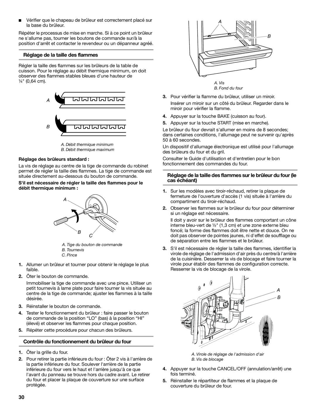 Whirlpool W10553363A Réglage de la taille des flammes, Contrôle du fonctionnement du brûleur du four 