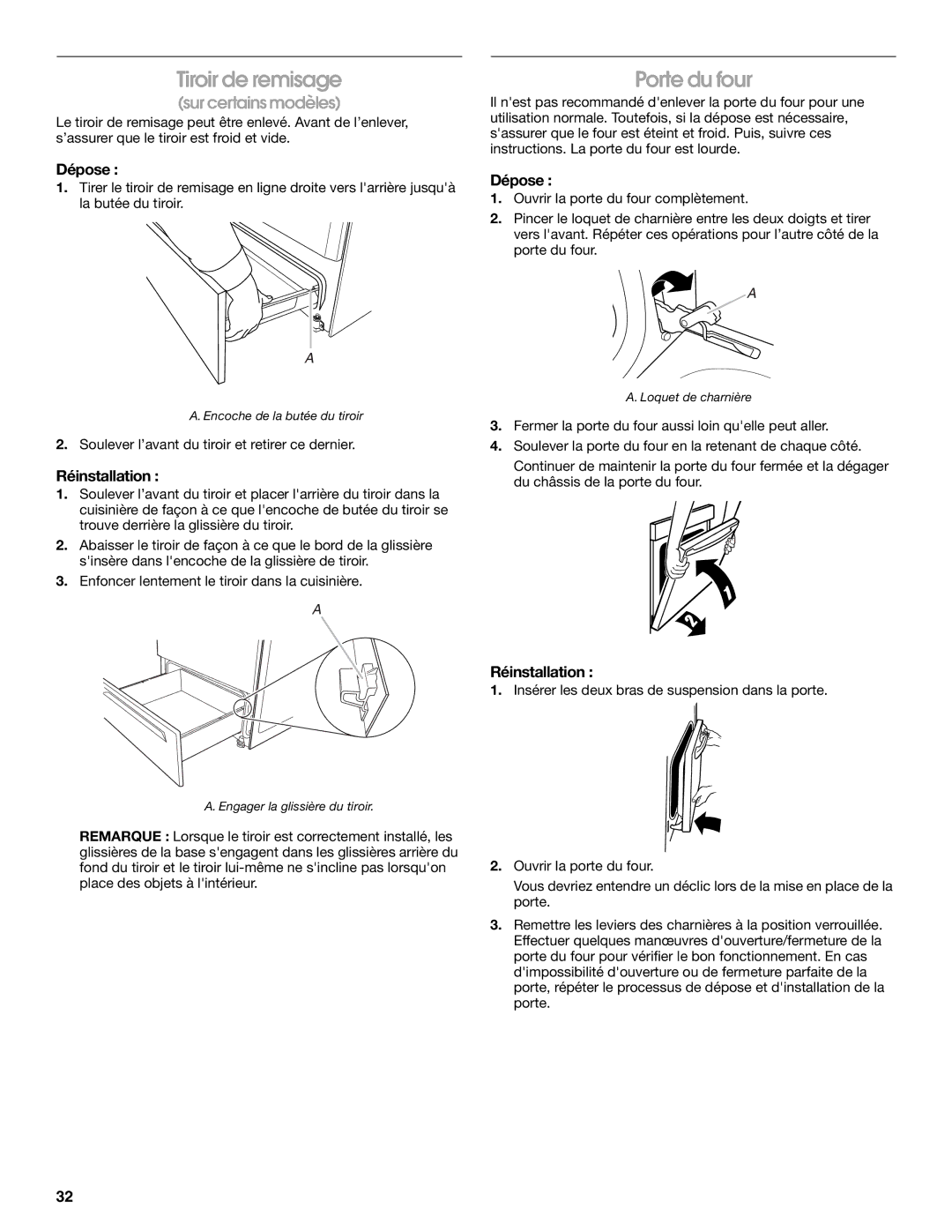 Whirlpool W10553363A installation instructions Tiroir de remisage, Porte du four 